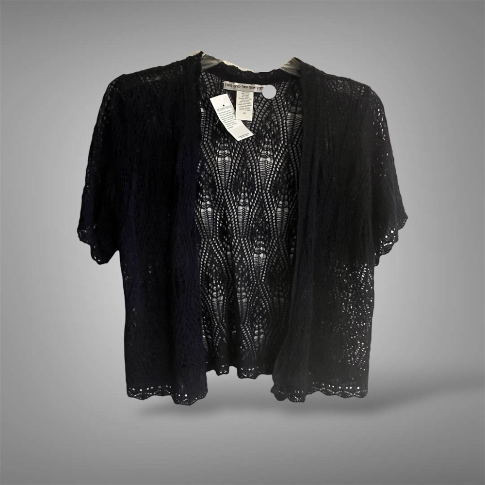 Two-One-Two New York Crocheted See-Thru Deep Navy-Blue Mini Sweater-Jacket New - Picture 3 of 8